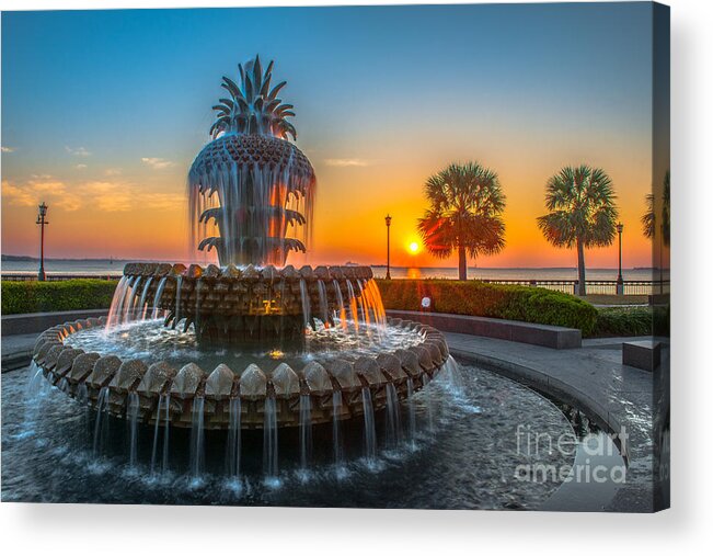 Pineapple Fountain Acrylic Print featuring the photograph Charleston Pineapple Sunrise by Dale Powell