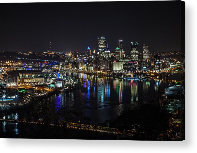 Pittsburgh Acrylic Print featuring the photograph Pittsburgh Skyline at Night by April Reppucci
