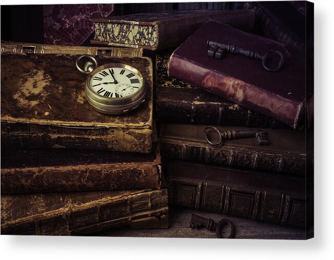 Key Acrylic Print featuring the photograph Pocket Watch On Old Book by Garry Gay