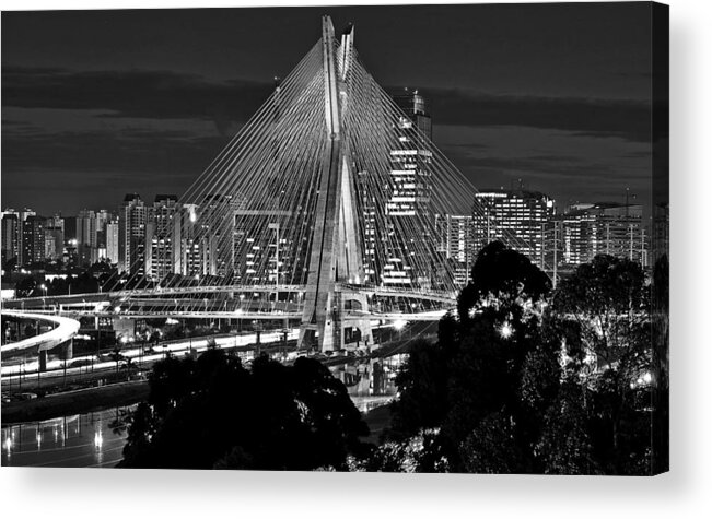 Ponte Estaiada Acrylic Print featuring the photograph Sao Paulo - Ponte Octavio Frias de Oliveira by Night in Black and White by Carlos Alkmin