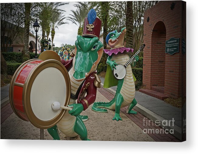 Walt Disney World Orlando Florida Port Orleans French Quarter Mardi Gras Resort Alligator Band Drums Banjo Acrylic Print featuring the photograph Port Orleans by AK Photography