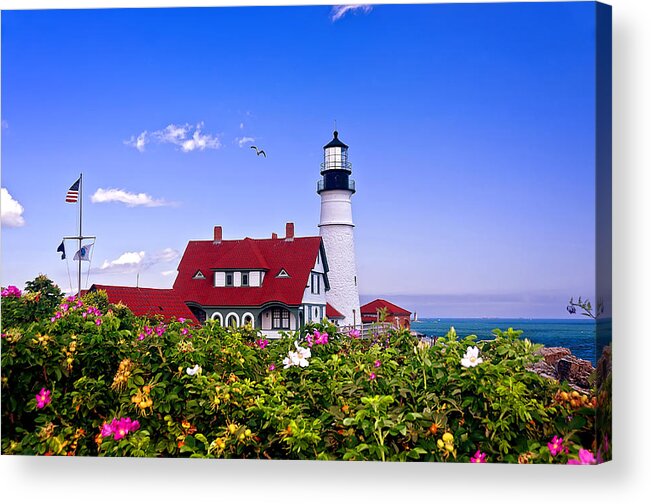 Maine Acrylic Print featuring the photograph Portland Head Light and Roses by Mitchell R Grosky
