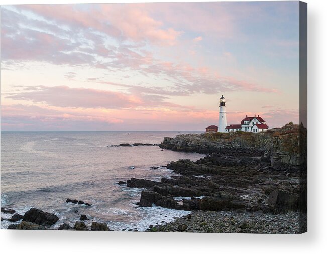 Seascape Acrylic Print featuring the photograph Portland Head Light Lighthouse Sunset by Picturelake