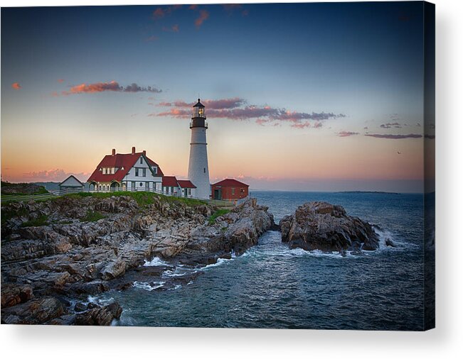 Lighthouse Acrylic Print featuring the photograph Portland Headlight Sunset by John Haldane