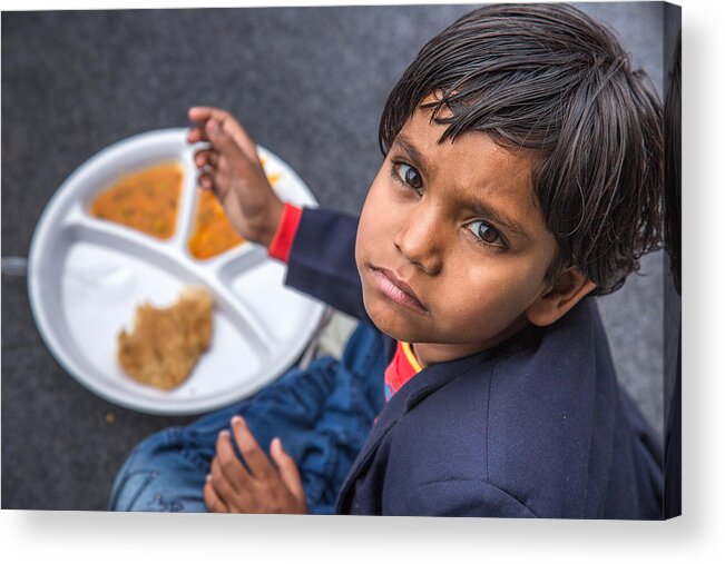Event Acrylic Print featuring the photograph Portrait of Girl kid having mid-day meal in Indian school. by Greenaperture