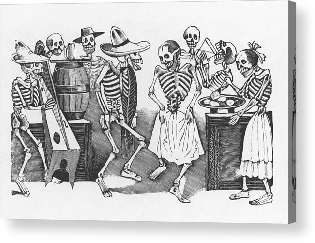 19th Century Acrylic Print featuring the drawing Happy Dance and Wild Party of All the Skeletons by Jose Guadalupe Posada