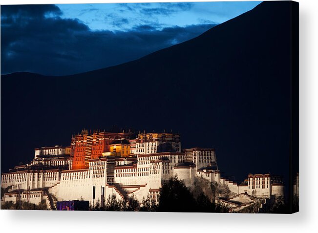 Potala Palace Residence Temple Lhasa Tibet Buddhism Dalai Lama Night Dusk Acrylic Print featuring the photograph Potala Palace by Chlaus Loetscher