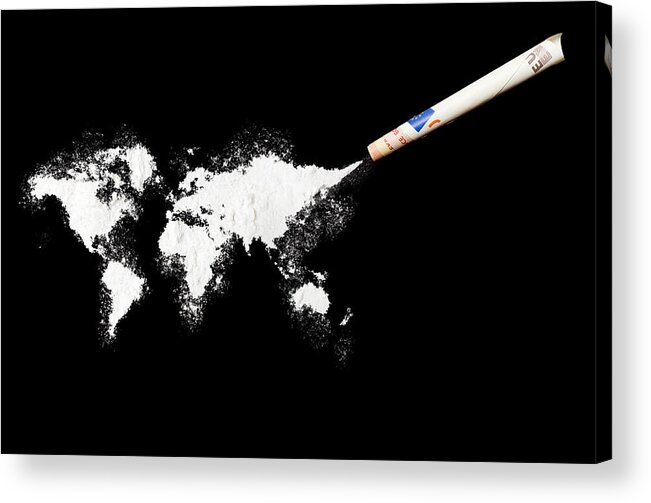 Cocaine Acrylic Print featuring the photograph Powder drug like cocaine in the shape of the world by Eyegelb