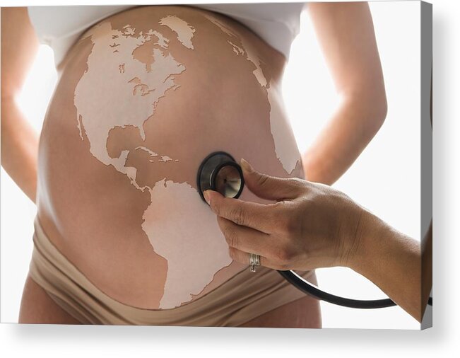 Population Explosion Acrylic Print featuring the photograph Pregnant Hispanic woman with globe on belly by Jose Luis Pelaez Inc