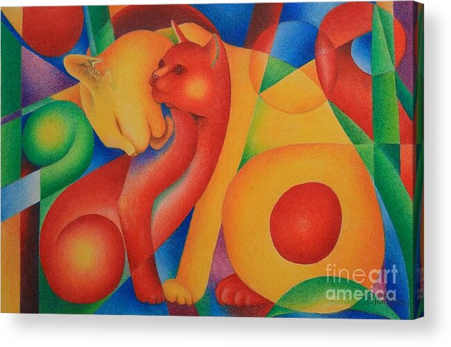 Red Acrylic Print featuring the glass art Primary Cats by Pamela Clements