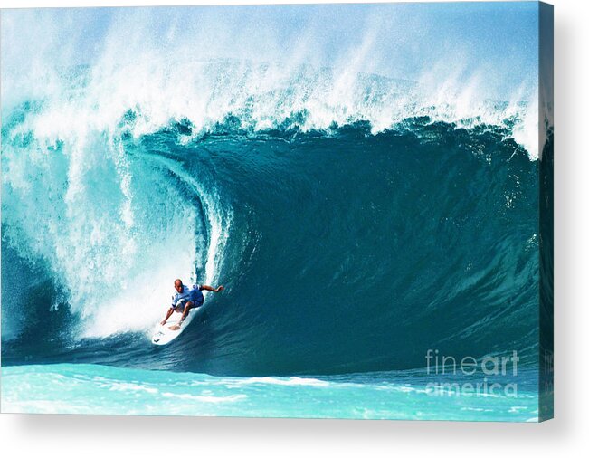 Kelly Slater Acrylic Print featuring the photograph Pro Surfer Kelly Slater Surfing in the Pipeline Masters Contest by Paul Topp