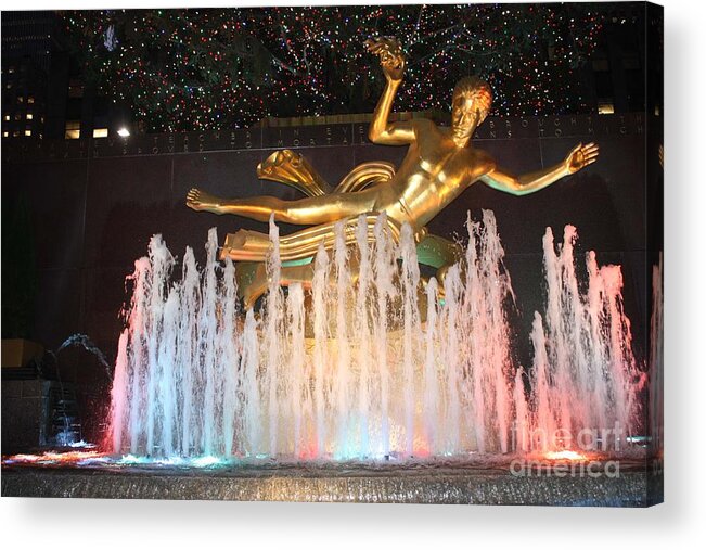 Prometheus Greek Statue In Rockefeller Ice Rink Acrylic Print featuring the photograph Prometheus Greek Statue in Rockefeller Ice Rink by John Telfer