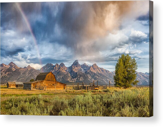America Acrylic Print featuring the photograph Rainbow on Moulton Barn - Horizontal - Grand Teton National Park by Andres Leon