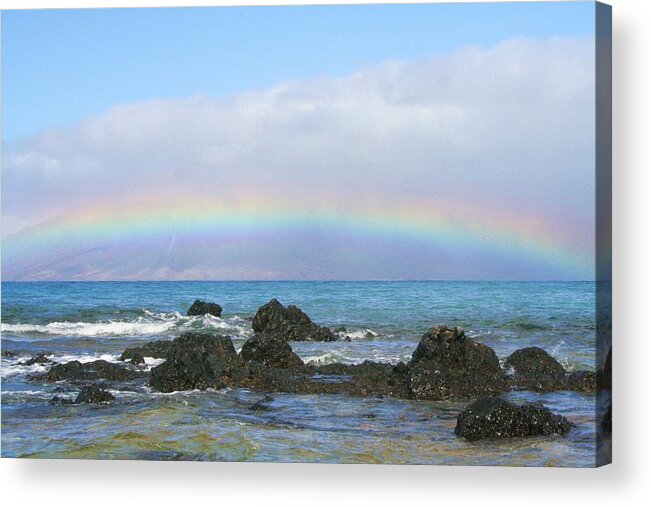 Sunrise Acrylic Print featuring the digital art Rainbow over Rocks by Katherine Erickson