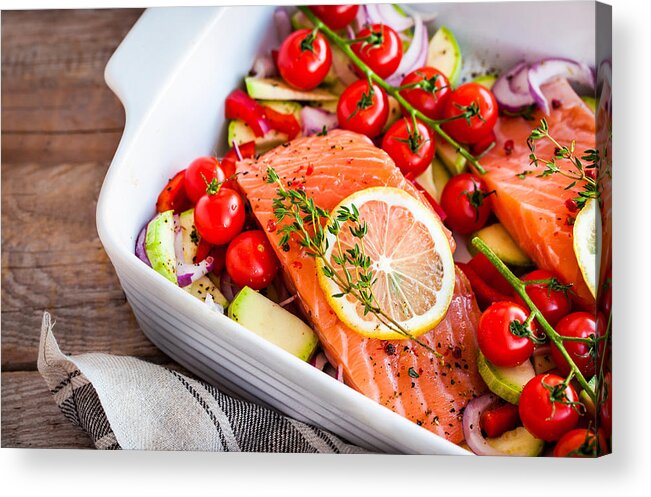 Cherry Acrylic Print featuring the photograph Raw fresh delicious salmon and vegetables by Ekaterina Smirnova