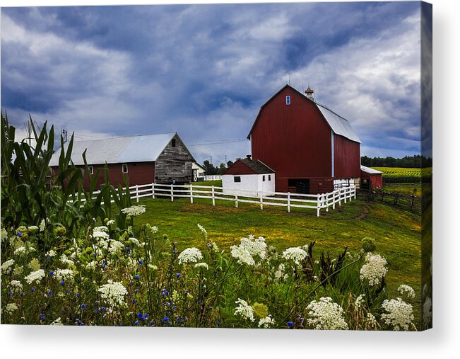 Appalachia Acrylic Print featuring the photograph Red Barns Under Blue Skies by Debra and Dave Vanderlaan