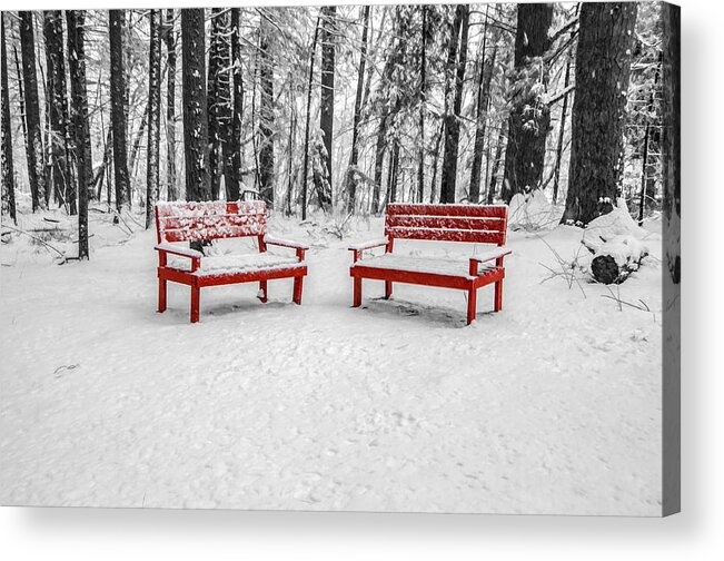 Trees Acrylic Print featuring the photograph Red Benches by Cathy Kovarik