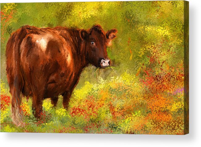 Red Devon Cattle Acrylic Print featuring the painting Red Devon Cattle - Red Devon Cattle in a Farm Scene- Cow Art by Lourry Legarde
