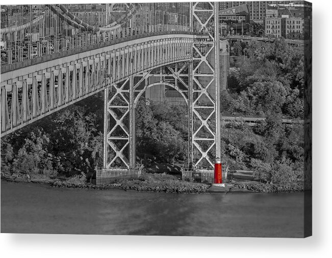 Autumn Acrylic Print featuring the photograph Red Lighthouse And Great Gray Bridge BW by Susan Candelario
