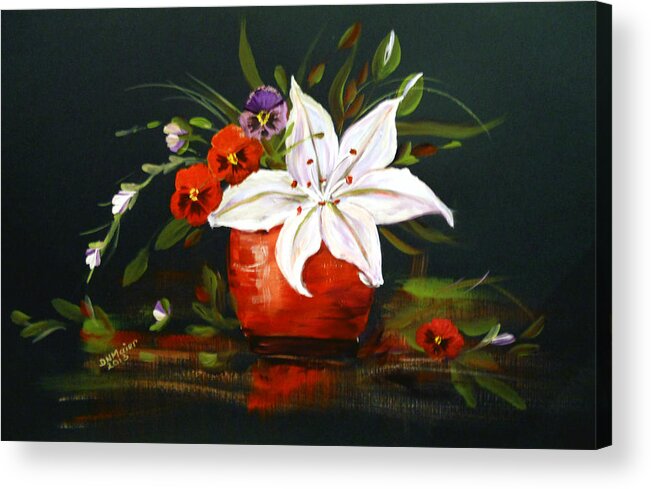 Flowers Acrylic Print featuring the painting Red Vase with Lily and Pansies by Dorothy Maier
