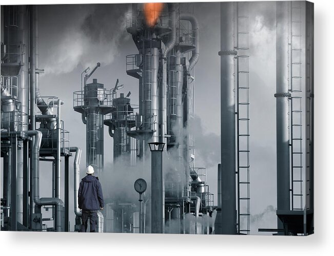 Oil-worker Acrylic Print featuring the photograph Refinery Flames Fire Smoke And Smog by Christian Lagereek