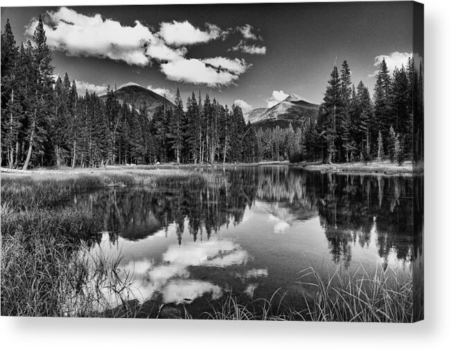 Water Reflection Pond Mountains Yosemite National Park Sierra Nevada Landscape Scenic Nature Black White California Acrylic Print featuring the photograph Reflecting Pond by Cat Connor