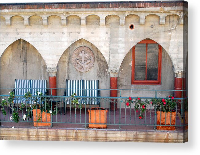 Mission Inn Acrylic Print featuring the photograph Relaxing Balcony by Amy Fose