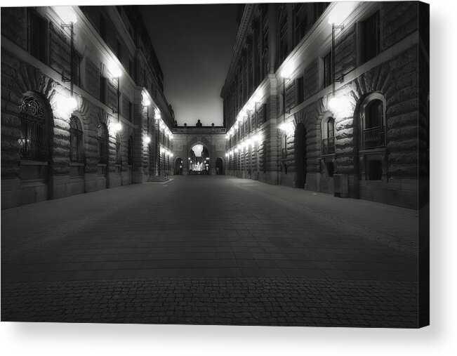 Riksgatan Acrylic Print featuring the photograph Riksgatan in Summer Twilight Black and White - Stockholm - Sweden by Photography By Sai