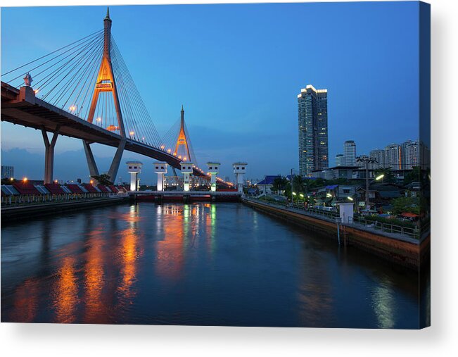Tranquility Acrylic Print featuring the photograph River Night In Bangkok, Thailand by Tanatat Pongphibool ,thailand