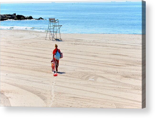 Rockaway Beach Acrylic Print featuring the photograph Rockaway Beach Lifeguard Starts Her Day by Maureen E Ritter