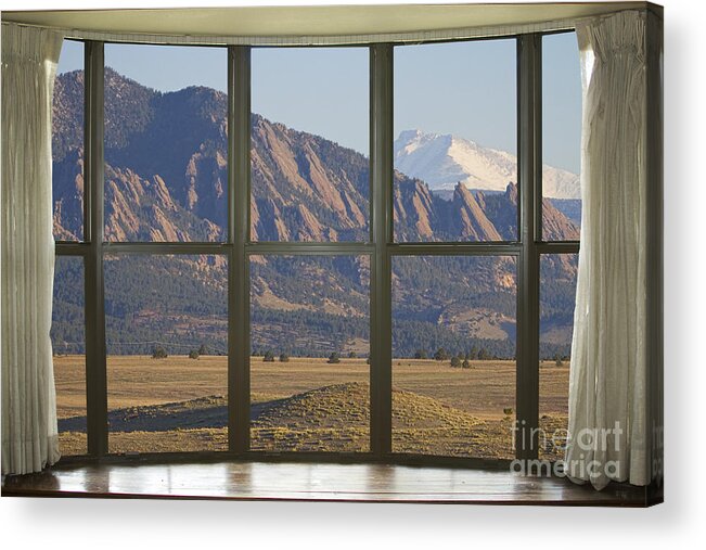 Window Acrylic Print featuring the photograph Rocky Mountains Flatirons with Snow Longs Peak Bay Window View by James BO Insogna