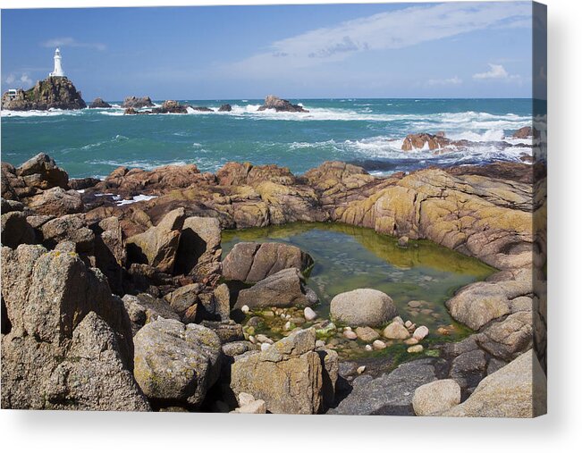 Flpa Acrylic Print featuring the photograph Rocky Shore And La Corbiere Lighthouse by Bill Coster