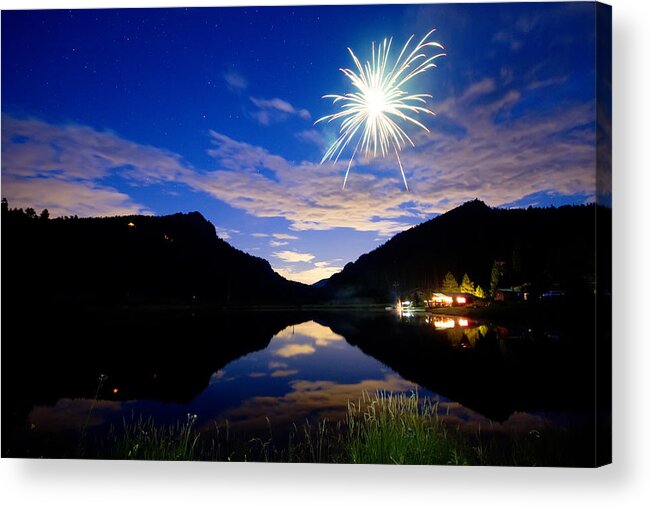 Fireworks; Firework; Reflections; Sky; Blue; Water; Cabin; Rustic; Rural; Rocky Mountains; Colorado Nature; Colorado Landscapes; Fine Art; Colorado Nature Landscape; James Bo Insogna; Photography Prints; Decorative; Decoration; Corporate Art; Gifts; For Sale; Acrylic Print featuring the photograph Rollinsville Yacht Club Fireworks Private Show 52 by James BO Insogna