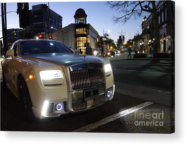 Rodeo Drive Acrylic Print featuring the photograph Rolls Royce parked at the bottom of Rodeo Drive by Nina Prommer