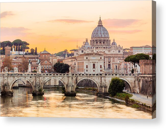 Tranquility Acrylic Print featuring the photograph Rome skyline at sunset with Tiber river and St. Peter's Basilica, Italy by Alexander Spatari