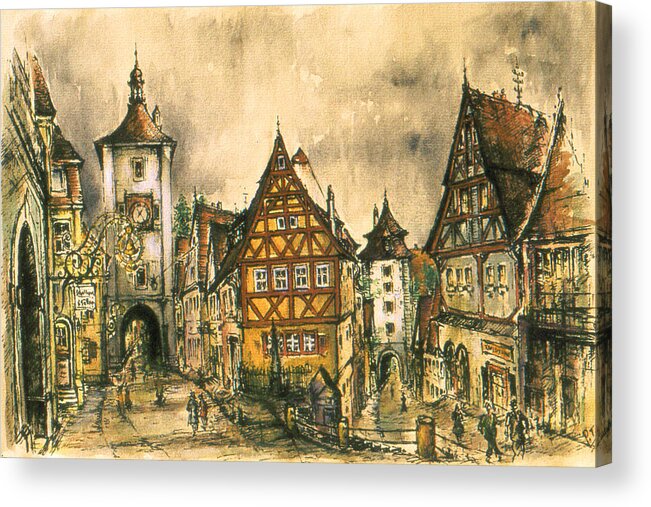 Art Acrylic Print featuring the painting Rothenburg Bavaria Germany - Romantic Watercolor by Peter Potter