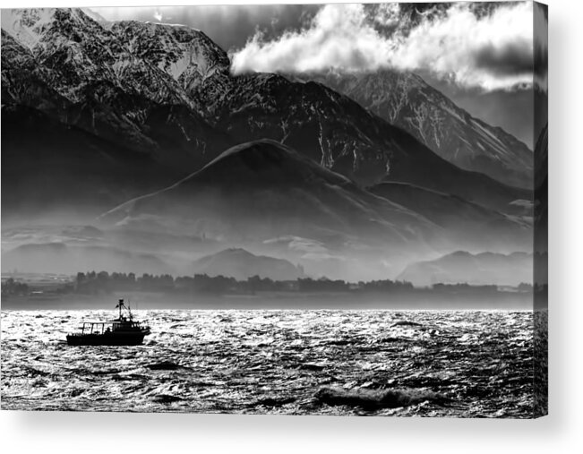 Rough Sea Acrylic Print featuring the photograph Rough Seas Kaikoura New Zealand In Black And White by Amanda Stadther
