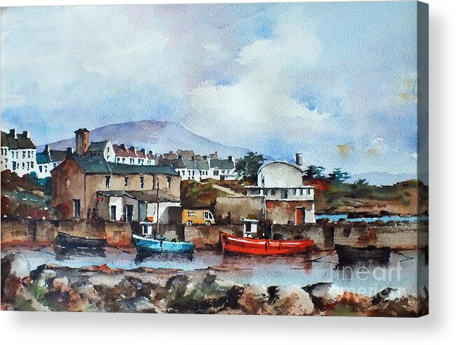 Val Byrne Acrylic Print featuring the painting Roundstone Old Harbour Galway by Val Byrne