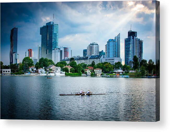 Skyline Acrylic Print featuring the photograph Rowing Boat And The Skyline Of Vienna by Andreas Berthold