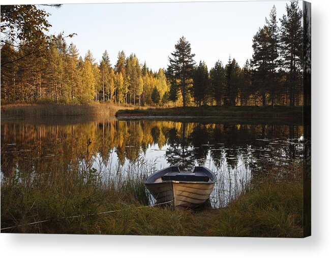Anundsjoe Acrylic Print featuring the photograph Rowing boat at a lake - available for licensing by Ulrich Kunst And Bettina Scheidulin