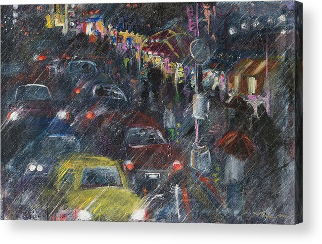 City Acrylic Print featuring the painting Rush Hour Rain by Leela Payne