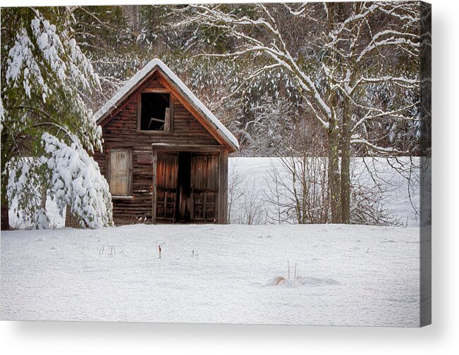  Scenic Vermont Photographs Acrylic Print featuring the photograph Rustic Shack In Snow by Jeff Folger