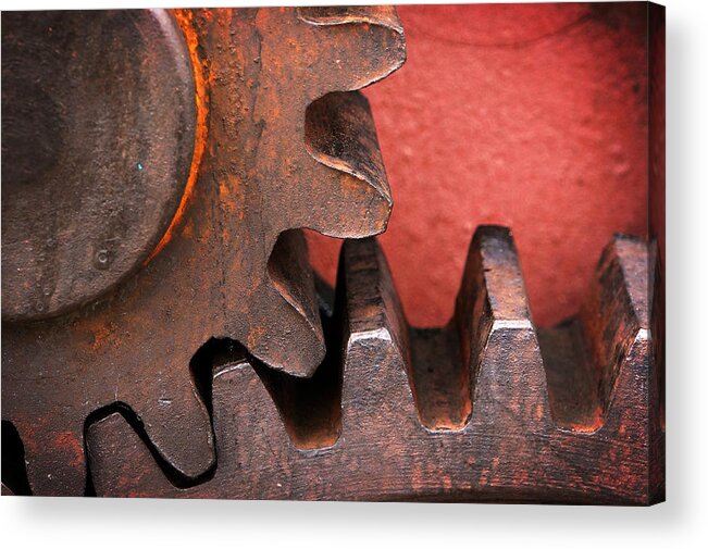 Old Acrylic Print featuring the photograph Rusty And Metallic Gear Wheel by Mikel Martinez de Osaba