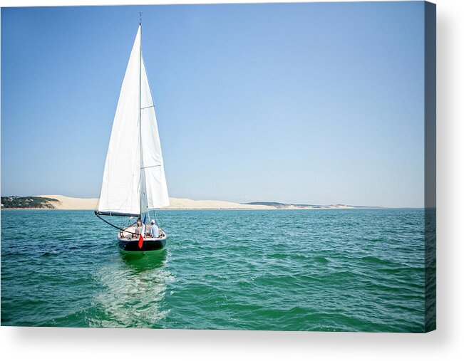 Dune Of Pilat Acrylic Print featuring the photograph Sailboat Sailing With Dune Of Pilat by Christophe Launay