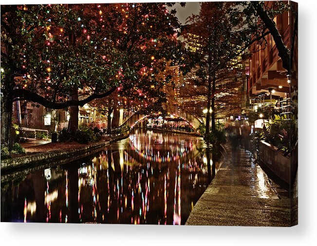 San Antonio Acrylic Print featuring the photograph San Antonio riverwalk decorated with shiny lights at night refle by Alan Tonnesen