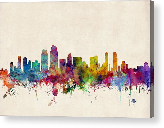 Watercolour Acrylic Print featuring the digital art San Diego Skyline by Michael Tompsett