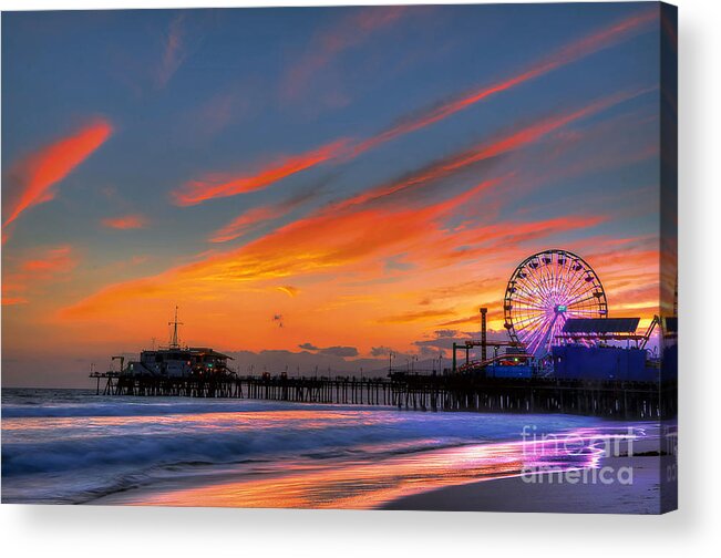 Santa Monica Pier Acrylic Print featuring the photograph Santa Monica Pier at Dusk by Eddie Yerkish