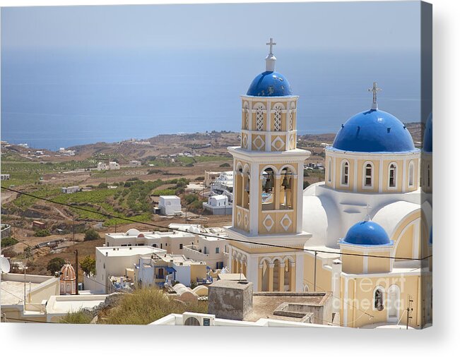 Fira Acrylic Print featuring the photograph Santorini church overlooking the sea by Sophie McAulay
