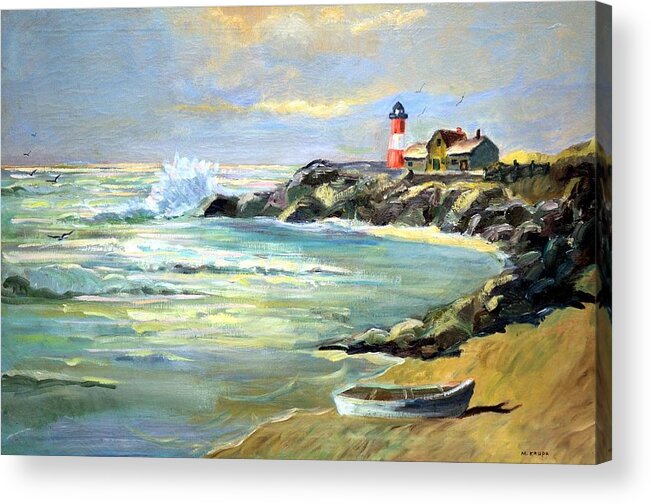 Seascape Acrylic Print featuring the painting Seascape Lighthouse by Mary Krupa by Bernadette Krupa