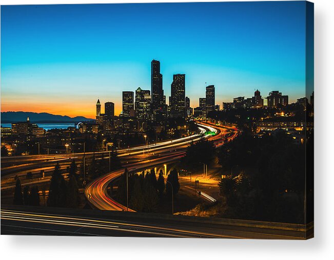 Seattle Down Town Acrylic Print featuring the photograph Seattle in Sunset color by Hisao Mogi